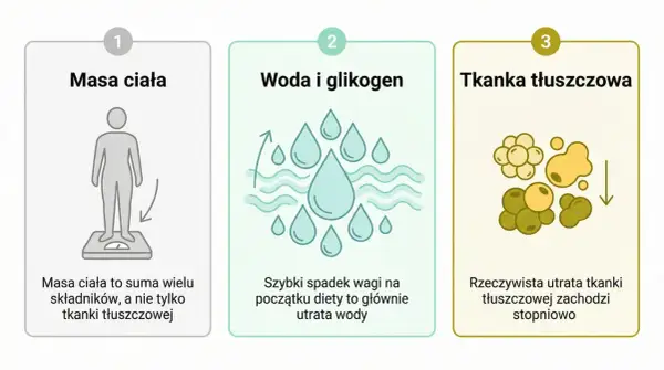 Trzy etapy utraty wagi: masa ciała, woda i glikogen, tkanka tłuszczowa. Zmiany w metabolizmie.