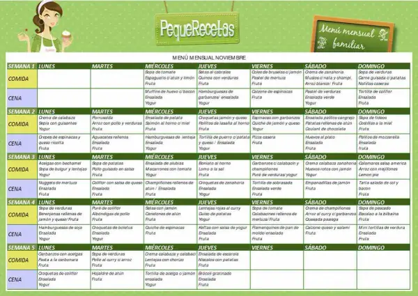 Menú semanal para rellenar con comidas y cenas para cada día. Incluye platos variados y postres.