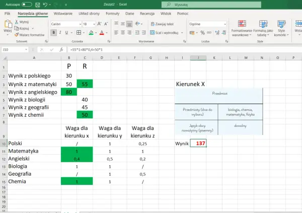 Arkusz kalkulacyjny Excel z wynikami i wagami przedmiotów do wyboru kierunku studiów. Obliczanie ekoschematy punkty.