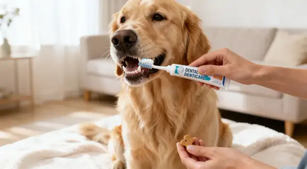 Un Golden Retriever recibe cepillado dental con pasta especial. La higiene dental de los perros es clave para su salud.