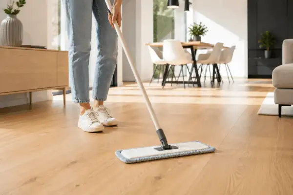 Pulire il parquet con rimedi della nonna, un gesto antico per una casa splendente. La persona pulisce il pavimento in legno con uno straccio.