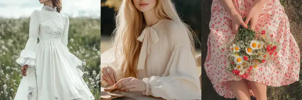 Tres escenas de estilo cottagecore: vestido blanco en campo, blusa crema con lazo, y vestido floral con ramo de margaritas.
