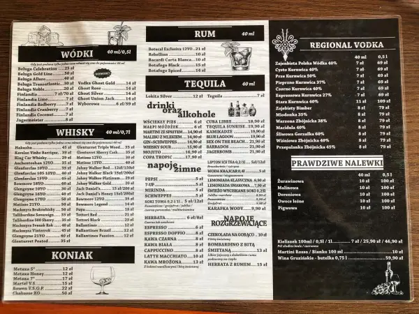 Menu z napojami, w tym wódki, whisky, koniak, rum, tequila, regionalne wódki, nalewki, napoje zimne i gorące. Wśród nich znajdziemy m.in. wódkę Krajcar.