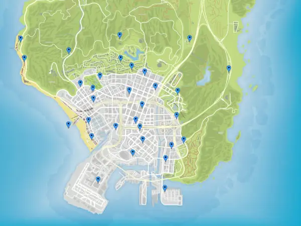 Übersicht der GTA 5 Karte mit vielen blauen Markierungen, die wichtige Orte in Los Santos und Umgebung anzeigen.