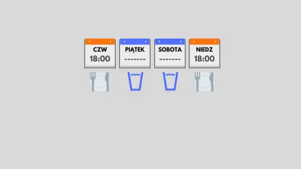 Kalendarz pokazuje czwartek i niedzielę o 18:00 jako dni posiłków. Piątek i sobota są puste, sugerując post. Autofagia po ilu godzinach?