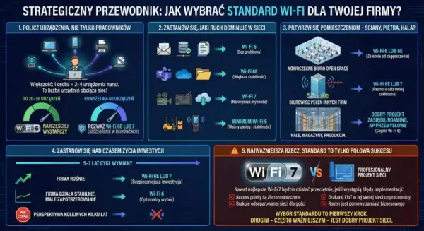 Wybór Wi-Fi 6, 6E lub 7 zależy od liczby urządzeń, ruchu w sieci, wielkości biura i budżetu. Dobry projekt sieci jest kluczowy.