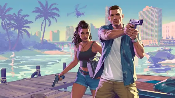 Para, która przygotowuje się do akcji w GTA 6 na PS4, z pistoletami w dłoniach, na tle miasta i policyjnej łodzi.