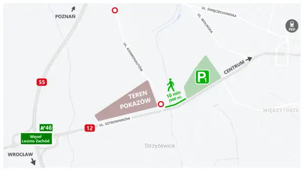Mapa dojazdu na pokazy lotnicze Leszno. Parking P1 i teren pokazów blisko ul. Szybowników. Dojazd S5, 12.