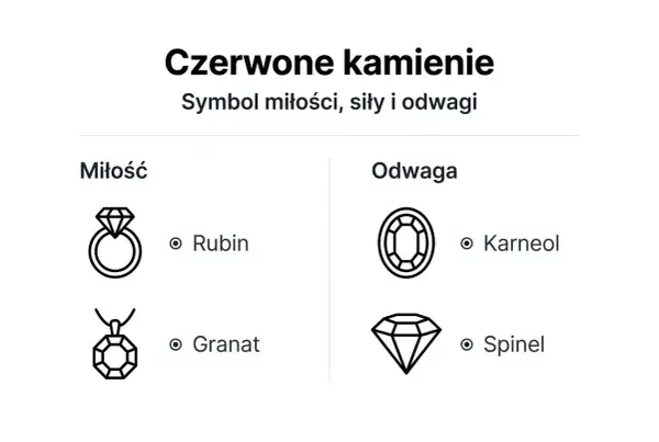 Czerwone kamienie: symbol miłości, siły i odwagi. Rubin, symbol miłości, jest tu przedstawiony na pierścionku.
