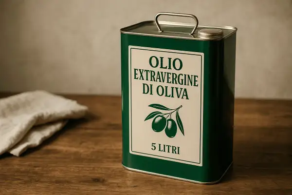 Latta verde da 5 litri di olio extravergine di oliva, con etichetta bianca e disegno di olive. Quanto tempo può stare l'olio nella latta? La conservazione è fondamentale.