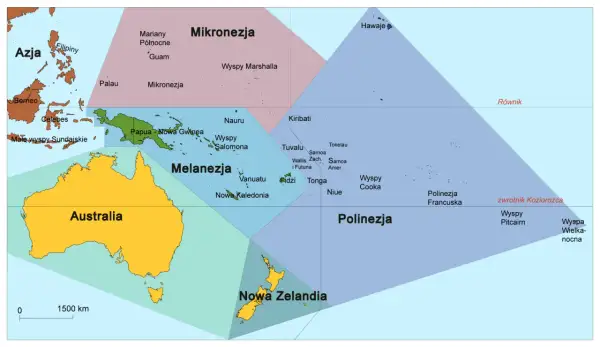Mapa Pacyfiku z zaznaczonymi regionami: Azja, Mikronezja, Melanezja, Polinezja. Widać Australię, Nową Zelandię i wiele wysp. Gdzie leży Australia? Na południowej półkuli, na wschód od Azji.