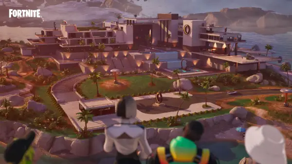 Luksusowa willa z basenem i palmami, widok na morze. Gracze Fortnite przygotowują się do akcji w Fortnite sezon 4.