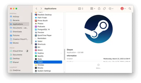 Ikona aplikacji Steam w folderze Aplikacje na komputerze Mac.