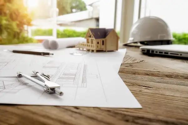 Na stole architekta leżą plany, model domu, cyrkiel i kask. Przygotowania do budowy, może potrzebny wzór zgody na wejście na działkę sąsiada.