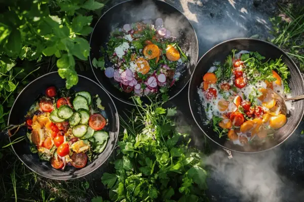 Tre läckra wok-rätter med färska grönsaker och ägg, redo att serveras utomhus. Ett perfekt wok recept för sommaren.