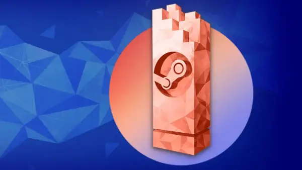 Pomnik z logo Steam, przypominający wieżę, na tle niebieskich geometrycznych wzorów.