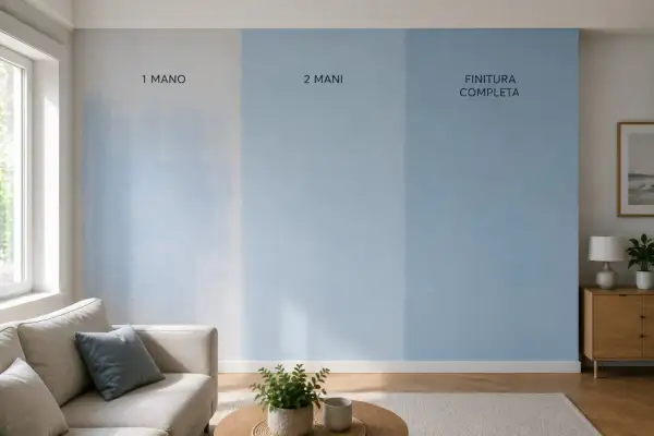 Parete con campioni di vernice blu: 1 mano, 2 mani e finitura completa. Si vede l'effetto del primo strato, un undercoat leggero, che migliora con le mani successive.