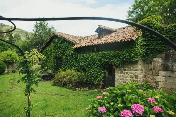 El molino de Cabuérniga, cubierto de hiedra, con un jardín florido y un camino de losas.