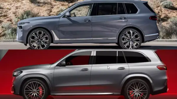 Porównanie SUV-ów: szare BMW X7 i srebrny Mercedes. Zwróć uwagę na detale i BMW X7 wymiary.