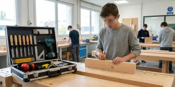 Un jeune homme concentré dessine des marques sur une planche de bois dans un atelier bricolage. Une mallette d'outils est ouverte à côté.