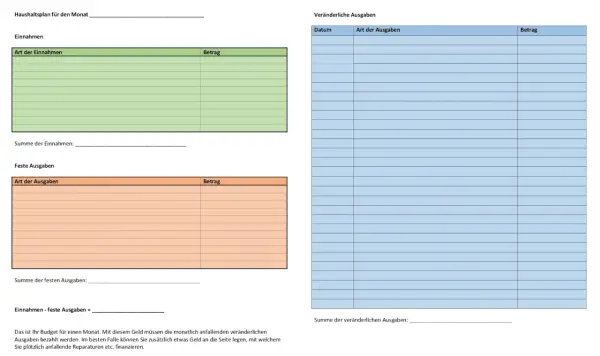 Kostenlose Tabelle Einnahmen-Ausgaben Vorlage für Ihren Monatsbudgetplan. Erfasst Einnahmen, feste und veränderliche Ausgaben.