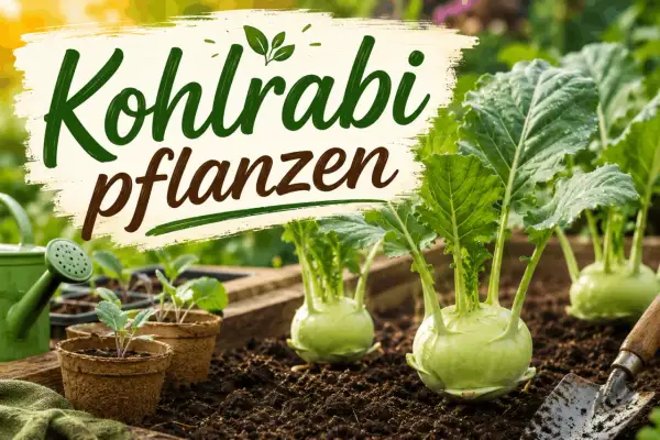 Kohlrabi pflanzen im Garten. Junge Setzlinge in Töpfen und ausgewachsene Kohlrabi-Knollen auf dem Beet, bereit für die Ernte.