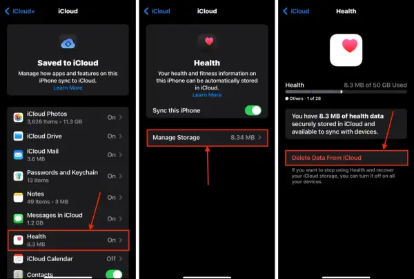 Zrzuty ekranu pokazują proces czyszczenia danych aplikacji Zdrowie z iCloud. Widoczne są opcje zarządzania pamięcią i usuwania danych.