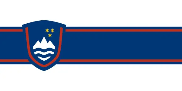 Słowenia flaga z herbem: góry, fale i trzy gwiazdy.
