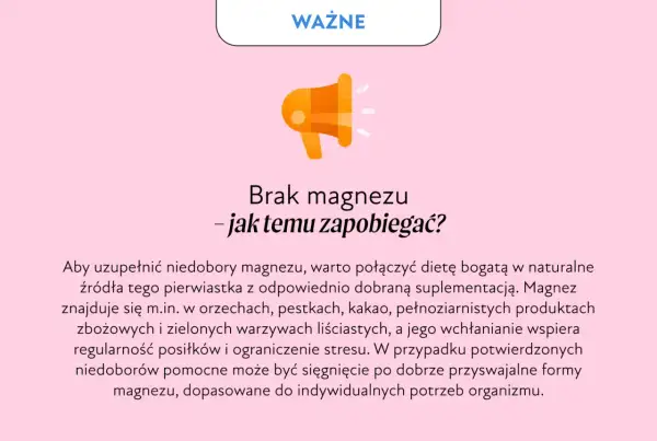 Grafika informuje o objawach niedoboru magnezu i sposobach zapobiegania. Pomaga zrozumieć, jak uzupełnić braki.