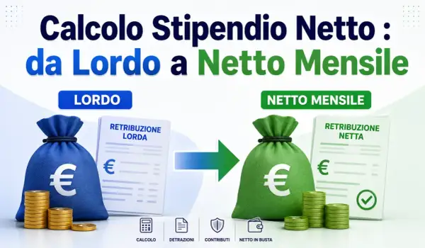Calcolo stipendio: da lordo a netto mensile. Sacchi di denaro e buste paga mostrano la trasformazione.