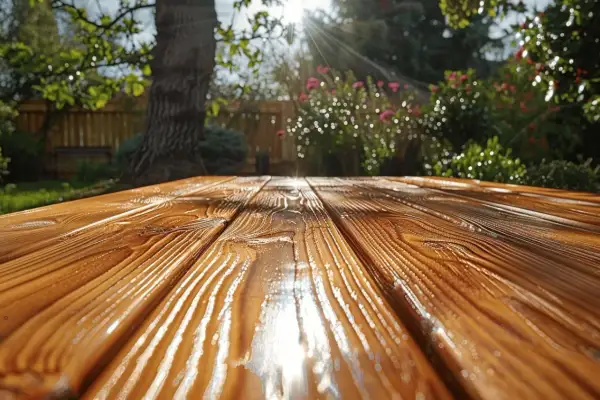Table en bois fraîchement traitée avec une lasure, reflétant le soleil dans un jardin verdoyant.