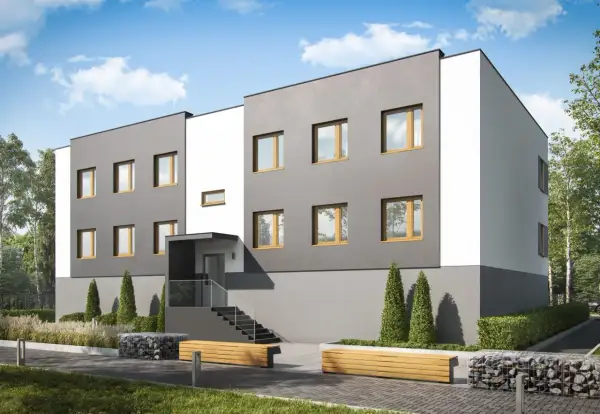 Nowoczesny blok mieszkalny z szarymi i białymi elewacjami, drewnianymi oknami i zielenią.