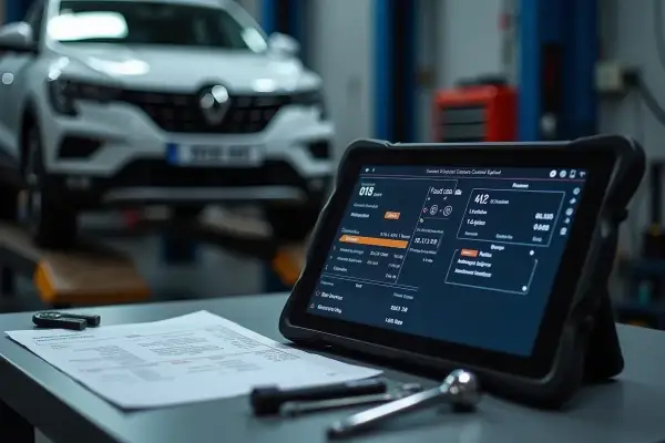 Diagnóstico de un Renault 1525f3 en taller. Tablet muestra datos del vehículo y herramientas a su lado.