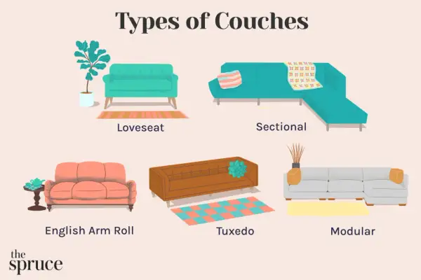 Illustration showcasing different types of couches: loveseat, sectional, English arm roll, tuxedo, and modular.