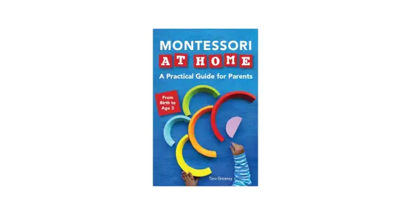 Montessori at Home: A Practical Guide for Parents, featuring colorful wooden blocks and a child's hands, perfect for Montessori parents.
