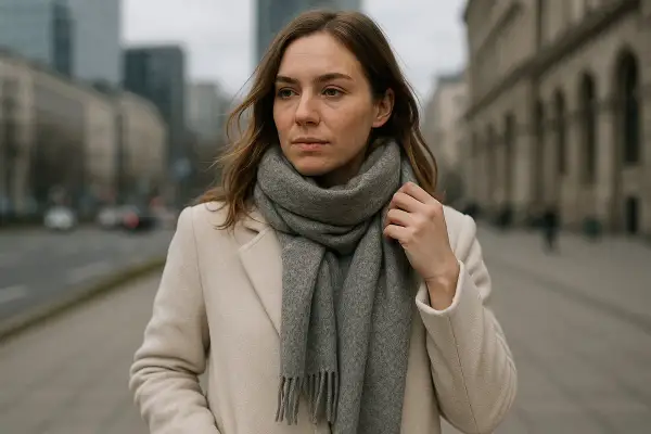 Kobieta w beżowym płaszczu i szarym szaliku na tle miasta. Idealne połączenie, jaki szalik do beżowego płaszcza? Szary!