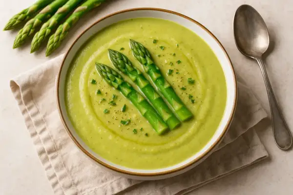 Crema di asparagi vellutata, perfetta come condimento per la pasta. Tre asparagi freschi decorano la ciotola.