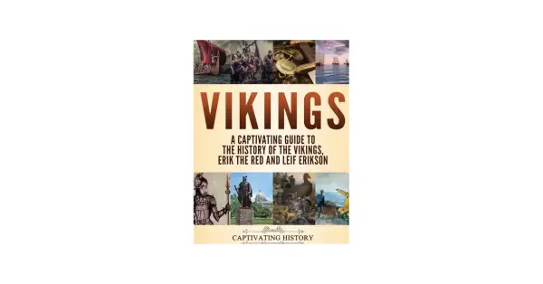 Okładka książki "Vikings" z ilustracjami przedstawiającymi statki, wojowników i artefakty. To fascynujące książki o wikingach.