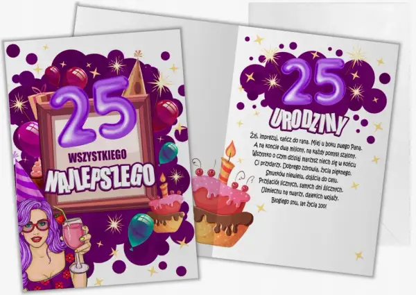 Dwie kartki urodzinowe z motywem liczby 25, tortem i życzeniami.