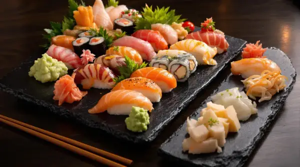 Talerz sushi z łososiem, tuńczykiem i krewetkami. Czy sushi jest kaloryczne? Zależy od dodatków, ale to danie jest zdrowe i pyszne.