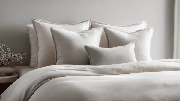 A bed with plush white pillows and a duvet. The pillows have a frayed edge, and one smaller textured pillow sits in front. This is what is a sham bedding, adding comfort and style.