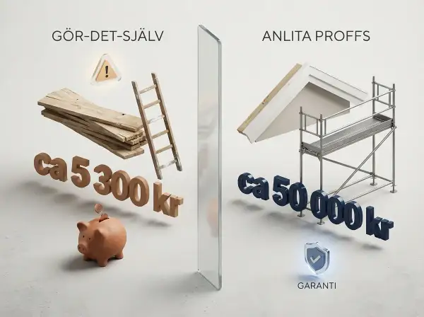 Jämförelse av kostnader för att byta vindskivor: gör-det-själv med brädor och stege för ca 5 300 kr, eller anlita proffs med ställning för ca 50 000 kr.