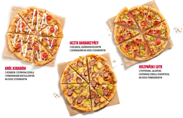 Trzy pizze: Król Kebabów, Uczta Barbarzyńcy i Hiszpański Łotr. Nie podano, ile cm ma duża pizza.