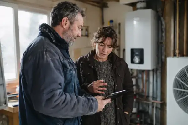 Un technicien discute avec une cliente d'une tablette, devant une chaudière gaz et une unité extérieure. Aide remplacement chaudière gaz.
