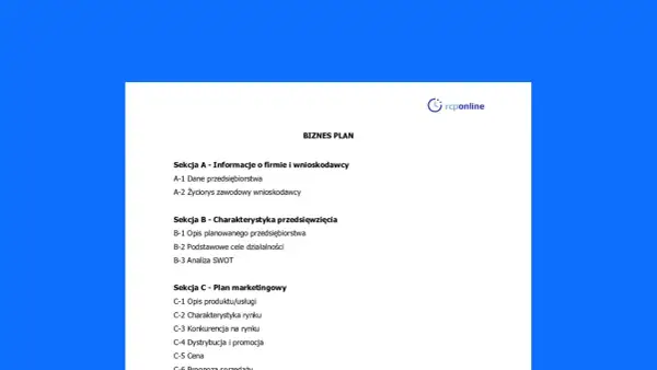 Struktura biznes planu: informacje o firmie, charakterystyka przedsięwzięcia i plan marketingowy.