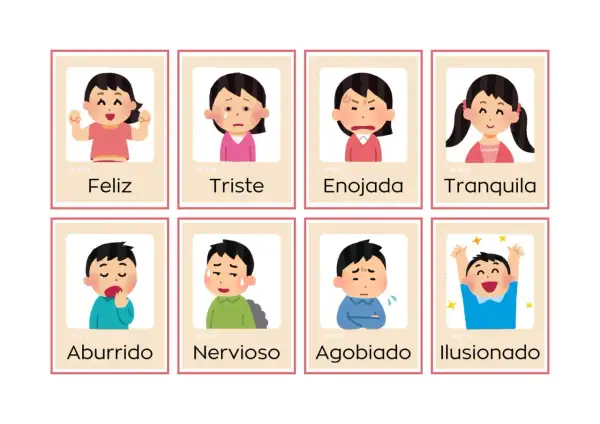 Tarjetas con dibujos de emociones para niños: feliz, triste, enojada, tranquila, aburrido, nervioso, agobiado, ilusionado.