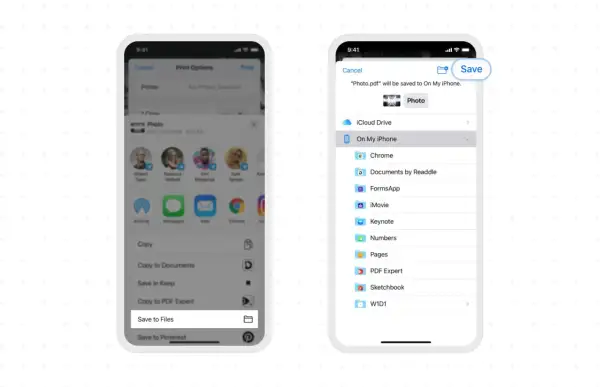 Jak zrobic skan iPhonem? Wybierz "Zachowaj w plikach", aby zapisać zeskanowany dokument.