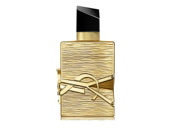 Złoty flakon perfum Libre 100ml z czarną nakrętką i złotym logo YSL.