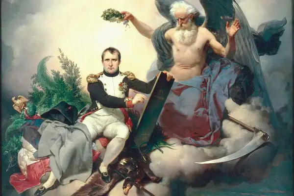 Napoleon, w otoczeniu symboli władzy, prezentuje dzieło swojego życia – Kodeks Napoleona. Obok niego siedzi alegoryczna postać z kosą i wieńcem laurowym.