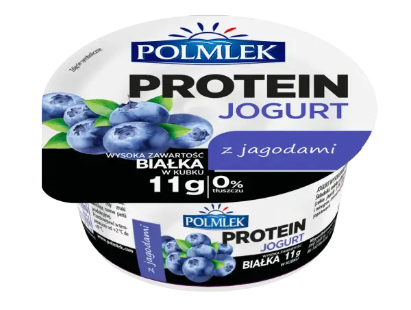 Jogurt proteinowy dla aktywnych, z jagodami. Wysoka zawartość białka 11g w kubku, 0% tłuszczu.